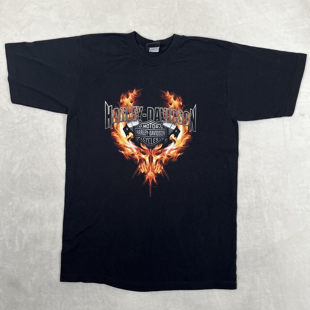 Vintage Harley-Davidson T-Shirt Mens Large Black Flaming Skull Panama Biker